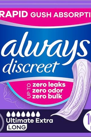 Always Discreet Adult Incontinence Pads for Women, Ultimate Extra Absorbency, Long Length, Postpartum Pads, 104 Count (4 Packs of 26)