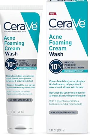 CeraVe Acne Foaming Cream Wash, Gentle Face and Body Cleanser with Benzoyl Peroxide 10%, Hyaluronic Acid, and Niacinamide, 10% Benzoyl Peroxide Treatment Clears Pimples and Blackheads 5 Oz