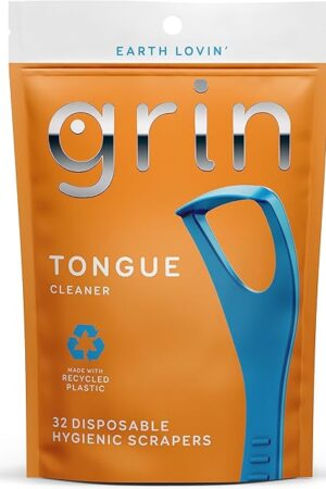 GRIN Tongue Cleaner, 32 Count, Disposable Tongue Cleaner, Hygienic Scraper, Recycled Plastic, Clean Tongue, Promote Fresh Breath, Includes Safe Fold- Back Tooth Pick