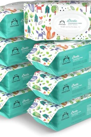 Amazon Brand - Mama Bear Gentle Fragrance Free Baby Wipes, Hypoallergenic, Sensitive Skin, Unscented, 800 Count (8 Packs of 100)