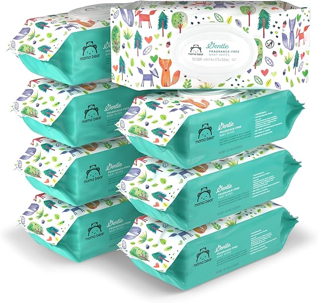 Amazon Brand - Mama Bear Gentle Fragrance Free Baby Wipes, Hypoallergenic, Sensitive Skin, Unscented, 800 Count (8 Packs of 100)