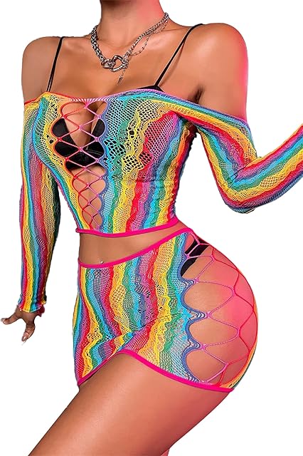 Women Sexy Cosplay Colorful Rainbow Striped Fishnet Mini Dress Bodysuit Teddy Babydoll
