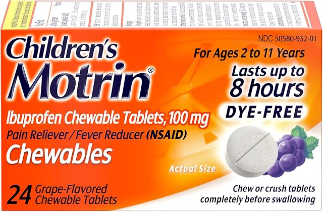 Children's Motrin Dye-Free Chewable Tablets with Ibuprofen, Kids' Fever Reducer & Pain Reliever for Sore Throat, Fever, Toothache & Pain Relief, Grape Flavor, 24 ct