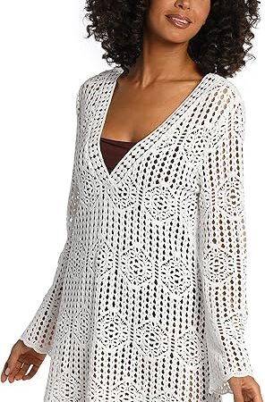 Women's V-Neck Dress Swimsuit Cover Up, Ivory//Waverly Covers, M