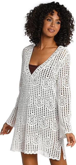 Women's V-Neck Dress Swimsuit Cover Up, Ivory//Waverly Covers, M