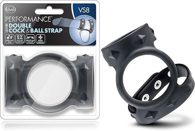 Blush Performance VS8 Double Cock & Ball Strap (9" & 8" Straps, 2.5" Ring) - Puria Silicone + Stainless Steel - Adjustable 3-Snap Penis Ring for Stamina & Erection - Adult Sex Toy for Men - (Black)