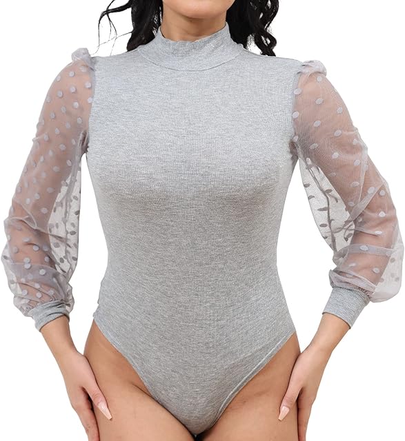 Womens Bodysuit Turtle Neck Polka Dot Sheer Mesh Long Sleeve Ribbed Bodysuits Jumpsuit