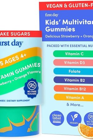 First Day Kids Multivitamin Gummies Age 4+, Strawberry & Orange - Kids Vitamins Multivitamin Gummy A C D3 K2 B1 B2 B6 B12 Folate, Immunity & Brain Function, Vegan - 30 Day Supply, Packaging May Vary