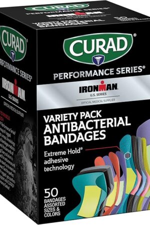 CURAD Performance Series IRONMAN Antibacterial Bandages, Extreme Hold Adhesive Technology, Finger & Knuckle Bandages, Flexible Fabric, Variety Pack with Assorted Sizes & Colors, 50 Count