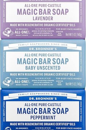 Dr Bronner's Pure-Castile Magic Bar Soap- Made with Regenerative Organic Certified Oils- For Face, Body, Hair, Vegan Soap Bars for Men & Women- Variety 3-Pack, Peppermint Lavender, Unscented