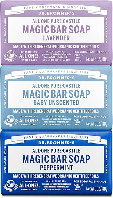 Dr Bronner's Pure-Castile Magic Bar Soap- Made with Regenerative Organic Certified Oils- For Face, Body, Hair, Vegan Soap Bars for Men & Women- Variety 3-Pack, Peppermint Lavender, Unscented