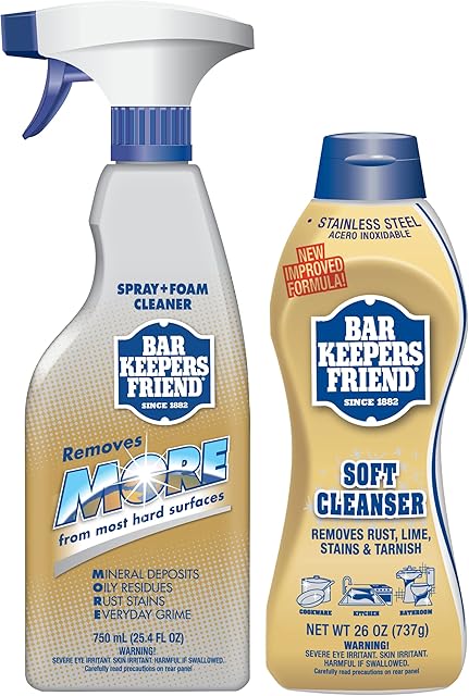 Bar Keepers Friend Soft Cleanser (26 oz) MORE Spray + Foam (254 oz) Multipurpose Cleaner Bundle, Stain & Rust Remover for Multi Surface Bathroom, Kitchen & Outdoor Cleaning