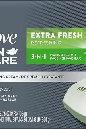 DOVE MEN + CARE 3 in 1 Bar Cleanser for Body, Face, and Shaving Extra Fresh Body and Facial Cleanser More Moisturizing Than Bar Soap to Clean and Hydrate Skin 375 Ounce (Pack of 8)