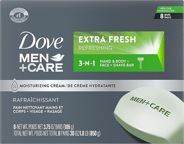 DOVE MEN + CARE 3 in 1 Bar Cleanser for Body, Face, and Shaving Extra Fresh Body and Facial Cleanser More Moisturizing Than Bar Soap to Clean and Hydrate Skin 375 Ounce (Pack of 8)