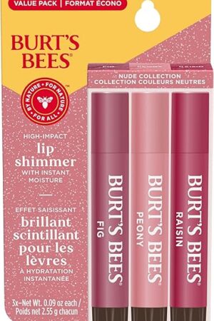 Burt's Bees Lip Shimmer Nude Collection, Tinted Lip Balm Stick, Moisturizing for All Day Hydration with Natural Glowy Pigmented Finish & Buildable Color, 3 Warm Shades; Value Pack, 3 Tubes x 009 Oz