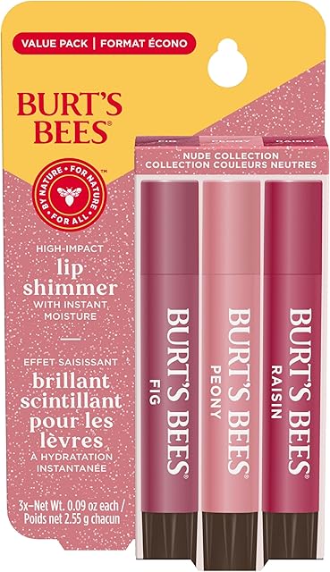 Burt's Bees Lip Shimmer Nude Collection, Tinted Lip Balm Stick, Moisturizing for All Day Hydration with Natural Glowy Pigmented Finish & Buildable Color, 3 Warm Shades; Value Pack, 3 Tubes x 009 Oz