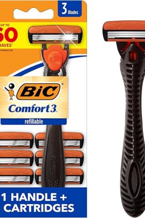BIC Comfort 3 Refillable Three-Blade Disposable Razor for Men, Sensitive Skin Razor For a Comfortable Shave, 1 Handle and 6 Cartridges, 7 Piece Razor Set