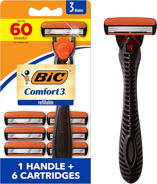 BIC Comfort 3 Refillable Three-Blade Disposable Razor for Men, Sensitive Skin Razor For a Comfortable Shave, 1 Handle and 6 Cartridges, 7 Piece Razor Set