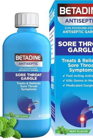 Betadine Antiseptic Medicated Gargle, Povidone-Iodine 05%, Treat and Relieve Sore Throat Symptoms, Temporarily Reduces Germs Normally Found in The Mouth, Mint Flavor, 8 FL OZ