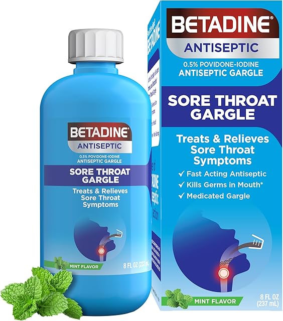 Betadine Antiseptic Medicated Gargle, Povidone-Iodine 05%, Treat and Relieve Sore Throat Symptoms, Temporarily Reduces Germs Normally Found in The Mouth, Mint Flavor, 8 FL OZ