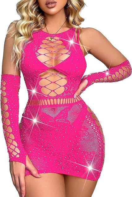 Fishnet Lingerie Womens Mesh Chemise One Piece Babydoll Mini Dress Lace Sparkle Rhinestone Lingeries for Women