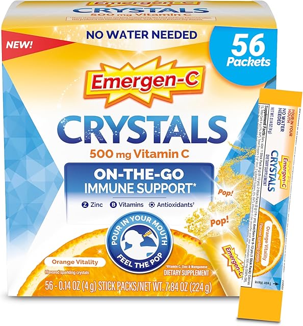 Emergen-C Crystals, On-the-Go Emergen-C Immune Support Supplement with Vitamin C, B Vitamins, Zinc and Manganese, Orange Vitality - 56 Stick Packs