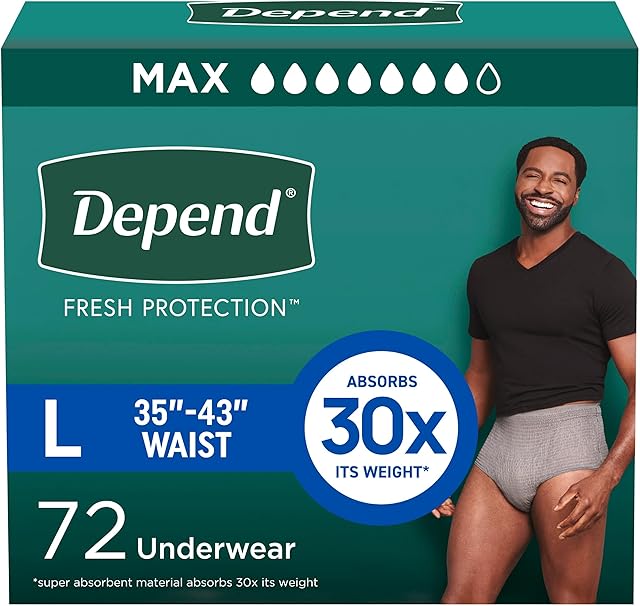 Depend Fresh Protection Adult Incontinence Underwear for Men, Disposable, Maximum, Large, Grey, 72 Count (2 Packs of 36), Packaging May Vary
