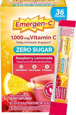 Emergen-C Zero Sugar 1000 mg Vitamin C Powder for Daily Immune Support Caffeine Free Vitamin C Supplements with Zinc and Manganese, B Vitamins and Electrolytes, Raspberry Lemonade Flavor - 36 Count