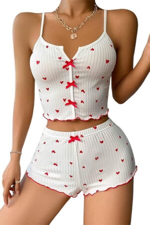 Womens Graphic Pajama Set Summer Cute Crop Cami and Shorts Ribbed 2 Piece Lounge Sets