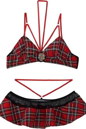 Womens Sexy Plus Size Lingerie Set Schoolgirls Cosplay Costume Plaid Bras and Skirts Outfits