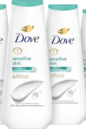 Dove Body Wash Sensitive Skin 4 Count Hypoallergenic, Paraben-Free, Sulfate-Free, Cruelty-Free, Moisturizing Skin Cleanser Effectively Washes Away Bacteria While Nourishing Skin 20 oz