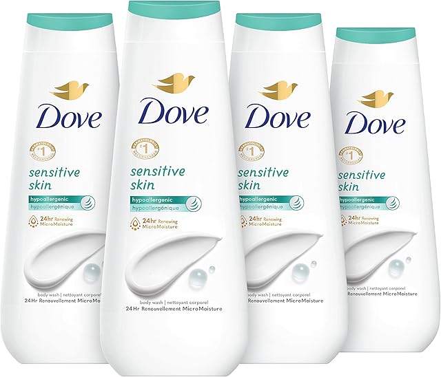 Dove Body Wash Sensitive Skin 4 Count Hypoallergenic, Paraben-Free, Sulfate-Free, Cruelty-Free, Moisturizing Skin Cleanser Effectively Washes Away Bacteria While Nourishing Skin 20 oz