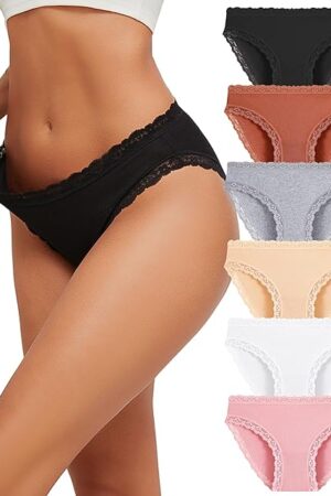 Cotton Underwear for Women Sexy Cheeky Lace Bikini Panties Soft Breathable Womens Underwear 6 Pack
