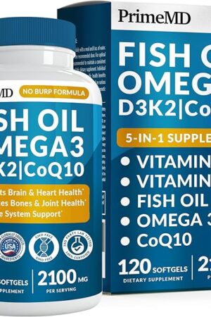 5-in-1 Fish Oil Omega 3 Fatty Supplements (2100mg) - Omega 3 Fish Oil with Vitamins D3 K2 and CoQ10 - Lemon Flavored (120 softgels)