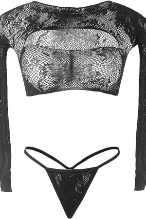 Black Lingerie Set Sexy Long Sleeve Stretch Fishnet Set Chemise