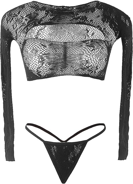 Black Lingerie Set Sexy Long Sleeve Stretch Fishnet Set Chemise