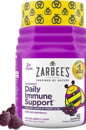 Zarbee’s Kids Elderberry Immune Support* Gummies, Daily Vitamins A C D3 E & Zinc, Real Elderberry Extract, Gelatin & Gluten Free, No Artificial Flavors, Natural Berry Flavor, Ages 2+, 42 Ct Bottle