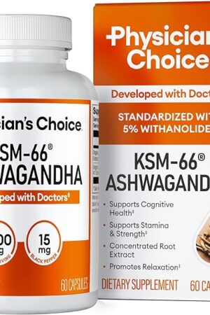 KSM-66 Ashwagandha Root Powder Extract 1,000mg - Clinically Studied Organic Ashwagandha with Black Pepper for Maximum Absorption - 5% Withanolides - Stress, Mood & Athletic Support - 60 Vegan Capsules