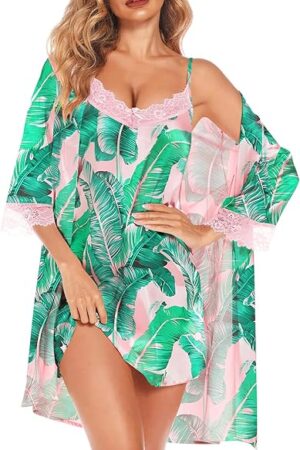 Women's Satin Robe Set 2 Piece Sexy Pajamas Sets Lace Cami Nightgown and Silk Robes Nightwear