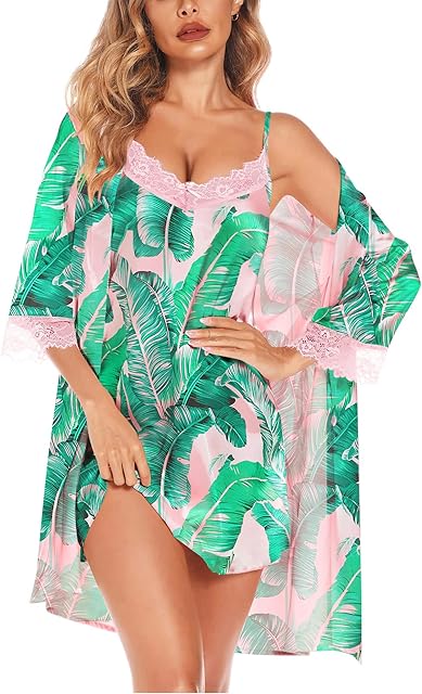 Women's Satin Robe Set 2 Piece Sexy Pajamas Sets Lace Cami Nightgown and Silk Robes Nightwear
