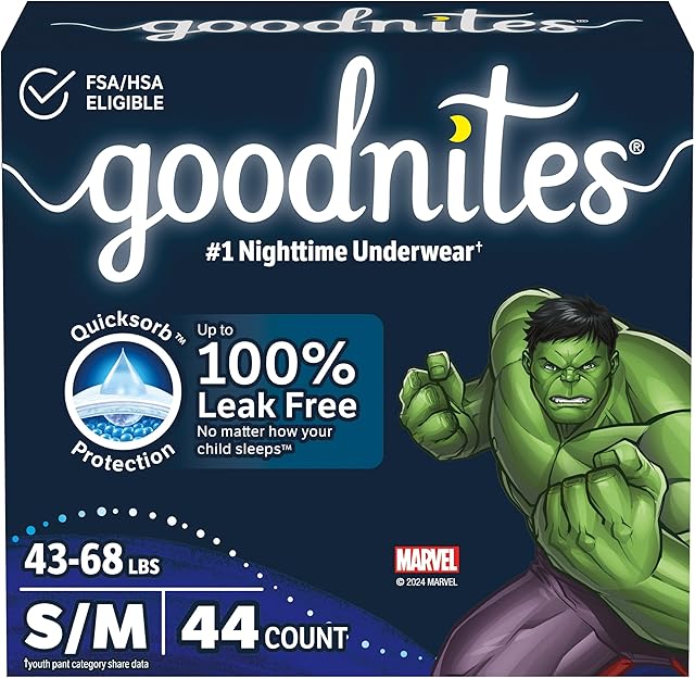 Goodnites Boys' Nighttime Bedwetting Underwear, Size S/M (43-68 lbs), 44 Ct (2 Packs of 22), Packaging May Vary