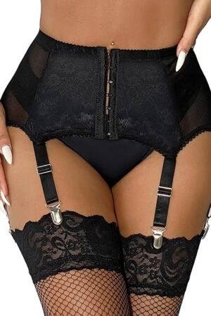 High-Waisted Garter Belt Plus Size- Lace Mesh Suspenders Belt with 6 Metal Clip for Thigh Highs Garter Stockings