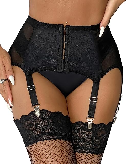 High-Waisted Garter Belt Plus Size- Lace Mesh Suspenders Belt with 6 Metal Clip for Thigh Highs Garter Stockings
