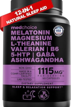 12-in-1 Melatonin Sleep Capsules - Natural Sleep Aids for Adults with Melatonin 5mg and Magnesium Glycinate 500mg, Sleep Aid with Ashwagandha, L Theanine, Valerian Root, GABA, 5-HTP (90ct, Pack of 1)
