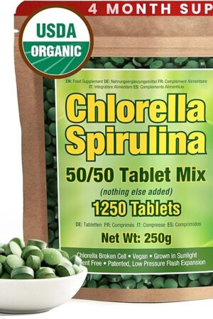Good Natured Premium Spirulina and Chlorella Capsules 1,250 Tablets, Non-GMO, Vegan Organic Chlorella Tablets, Sunlight Grown, Cracked Cell Wall, High Protein, Heavy Metal Detox
