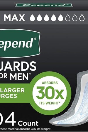 Depend Guards Incontinence Pads for Men, Maximum Absorbency, 104 Count (2 Packs of 52), Packaging May Vary