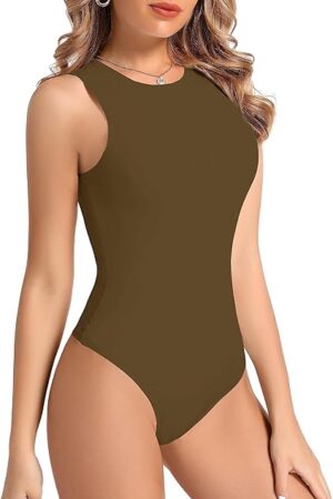 Womens Sleeveless Bodysuit Halter Neck Sexy Tank Tops Crew Neck Basic Top Slim Fit Bodysuit Jumpsuit