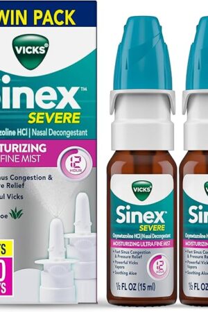 Vicks Sinex Severe Nasal Spray, Moisturizing Ultra Fine Mist with Aloe, Decongestant Medicine, Relief from Stuffy Nose Due to Cold or Allergy, Nasal Congestion & Sinus Pressure Relief, 265 Sprays x 2