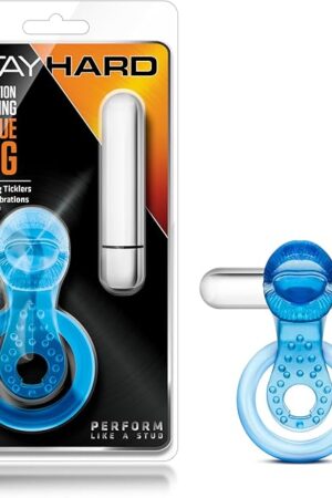 Blush Novelties Stay Hard 10 Function 3 in 1 Stimulating AAA Battery Powered Fragrance Free Vibrating Tongue Ring C Ring with Bullet - Easy Cleaning IPX7 Submersible Waterproof - Men Couples - Blue