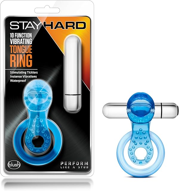 Blush Novelties Stay Hard 10 Function 3 in 1 Stimulating AAA Battery Powered Fragrance Free Vibrating Tongue Ring C Ring with Bullet - Easy Cleaning IPX7 Submersible Waterproof - Men Couples - Blue